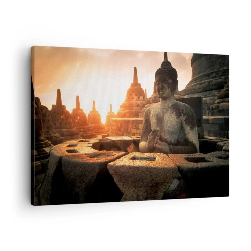 Impression sur toile - Image sur toile - Statue de Bouddha au temple de Borobudur au coucher du soleil - 70x50cm - Temps de grande sagesse - Décoration murale moderne pour le salon et la chambre ARTTOR