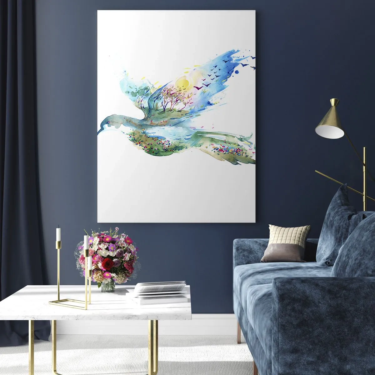 Impression sur verre - Image sur verre - Silhouette aquarelle d'un oiseau avec un paysage en arrière-plan - 50x70cm - Sur les ailes de la nature - Décoration murale moderne pour le salon et la chambre ARTTOR