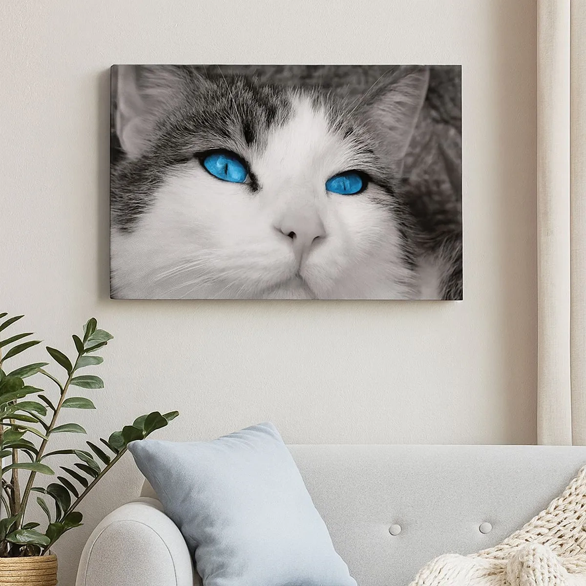 Impression sur toile - Image sur toile - Portrait d'un chat aux yeux bleus en noir et blanc - 70x50cm - Yeux bleus inhabituels - Décoration murale moderne pour le salon et la chambre ARTTOR