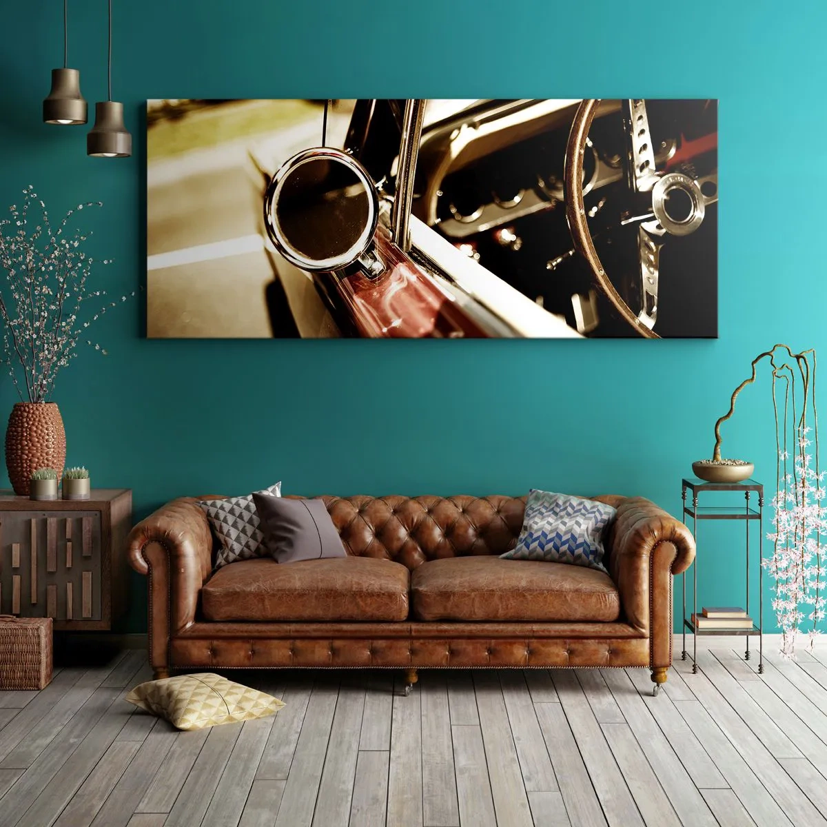 Impression sur toile - Image sur toile - Gros plan du miroir et de l'intérieur d'une voiture rétro classique - 140x50cm - Auto avec une âme - Décoration murale moderne pour le salon et la chambre ARTTOR