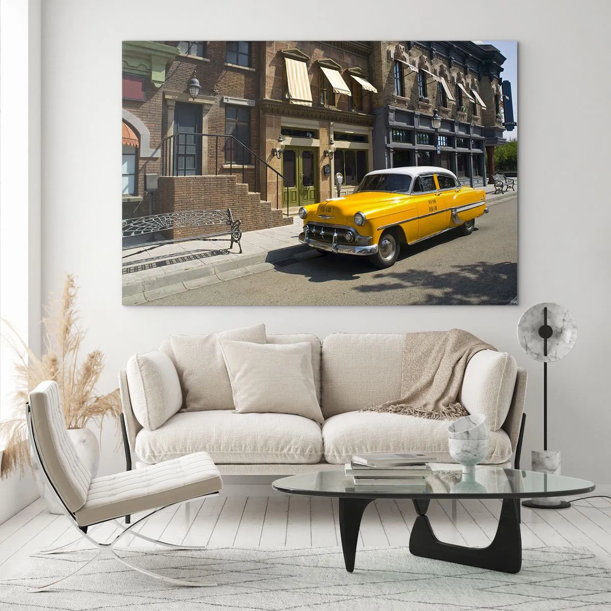 Impression sur verre - Image sur verre - Un taxi jaune sur fond d'immeuble classique - 100x70cm - Il y a longtemps en Amérique - Décoration murale moderne pour le salon et la chambre ARTTOR