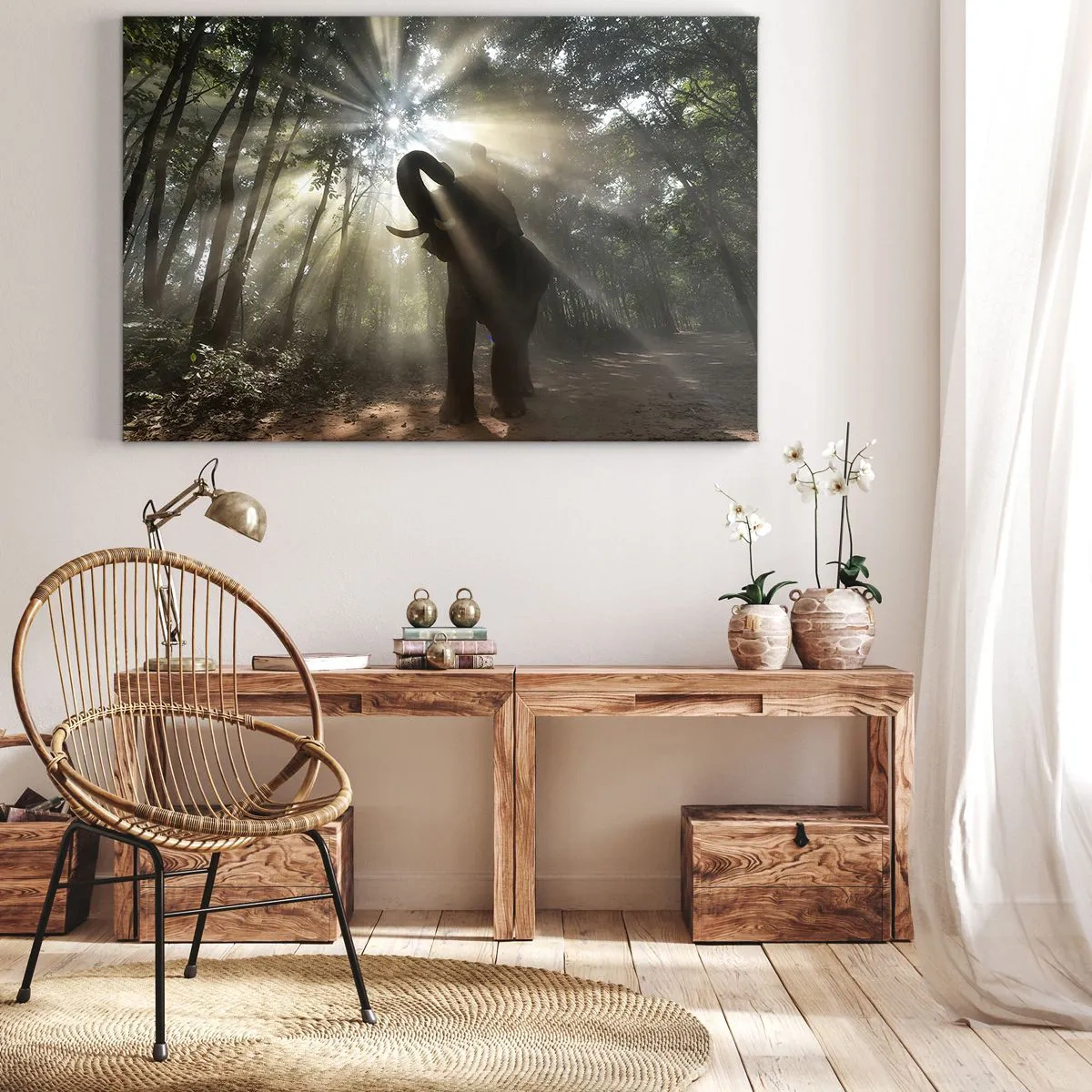 Impression sur toile - Image sur toile - Un éléphant dans la forêt entouré de rayons de lumière dans la brume matinale - 70x50cm - Sous la bonne étoile - Décoration murale moderne pour le salon et la chambre ARTTOR