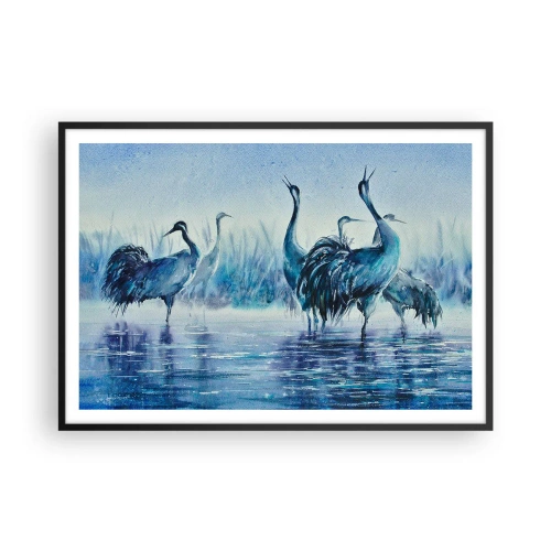 Affiche dans un cadre noir - Poster - Grues sur fond de brouillard et d'eau dans des tons bleus - 100x70cm - Réunion matinale - Décoration murale moderne pour le salon et la chambre ARTTOR