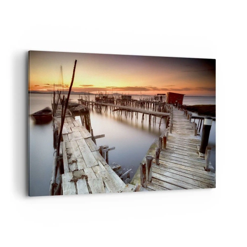 Impression sur toile - Image sur toile - Jetées en bois sur une eau calme au coucher du soleil - 120x80cm - Authentique, pas un attrape touristique - Décoration murale moderne pour le salon et la chambre ARTTOR