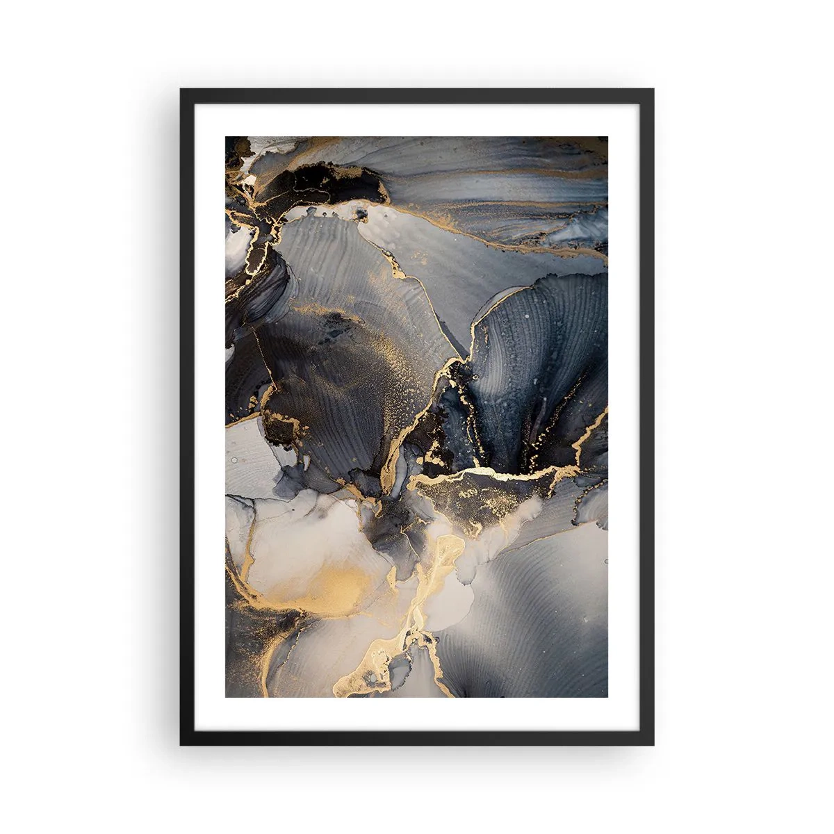 Affiche dans un cadre noir - Poster - Une composition abstraite dans des tons sombres avec des accents dorés. - 50x70cm - La vie de la pierre - Décoration murale moderne pour le salon et la chambre ARTTOR