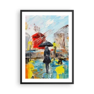Affiche dans un cadre noir - Poster - Une femme avec un parapluie sur fond de ville sous la pluie - 50x70cm - Légende parisienne - Décoration murale moderne pour le salon et la chambre ARTTOR