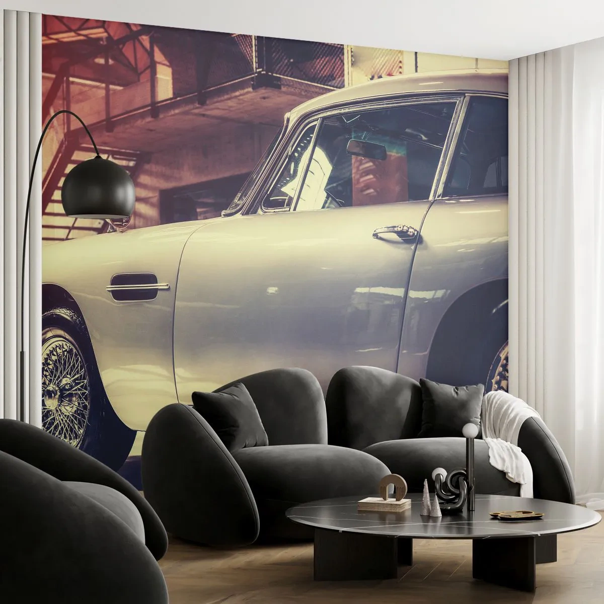 Papier Peint Photo Premium Canvas - Une voiture classique dans un garage élégant avec un intérieur industriel - 100x70cm - Les classiques ne vieillissent pas - Décoration murale moderne pour le salon et la chambre ARTTOR