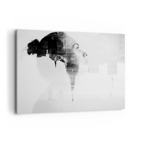 Impression sur toile - Image sur toile - Portrait d'une femme avec le contour d'une ville en arrière-plan, couleurs noir et blanc - 100x70cm - Des deux côtés du verre - Décoration murale moderne pour le salon et la chambre ARTTOR