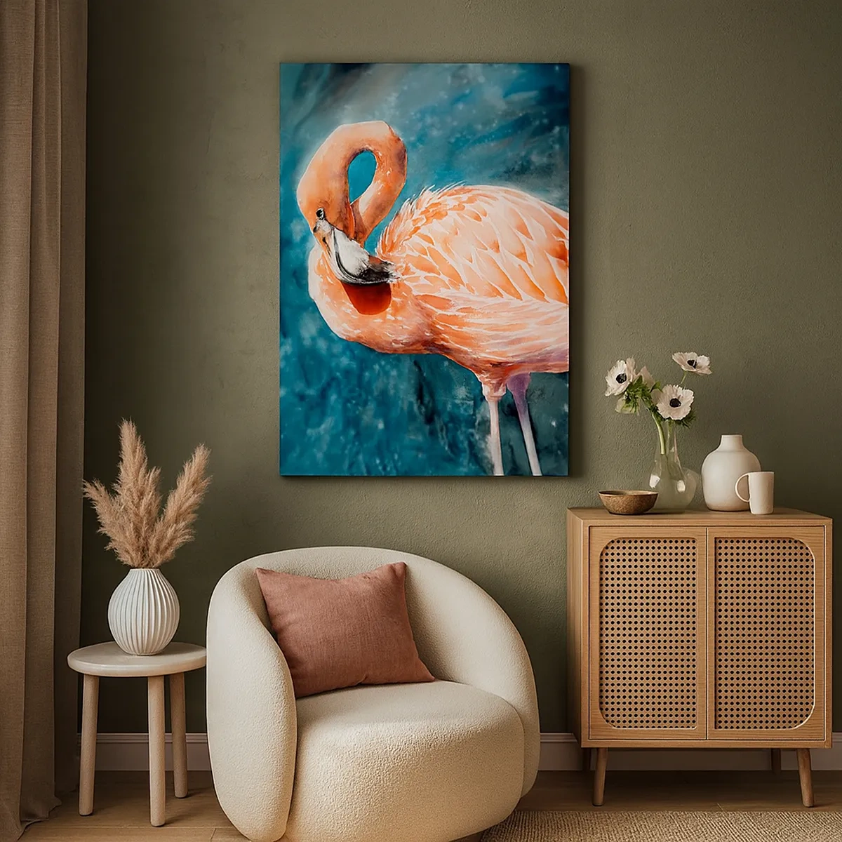 Impression sur toile - Image sur toile - Un flamant rose sur un fond bleu aquarelle - 50x70cm - Décoratif par nature - Décoration murale moderne pour le salon et la chambre ARTTOR