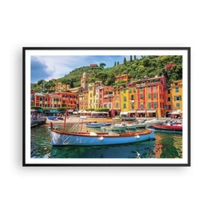 Affiche dans un cadre noir - Poster - Maisons de ville colorées et bateaux dans une ville balnéaire italienne - 100x70cm - Matinée italienne - Décoration murale moderne pour le salon et la chambre ARTTOR