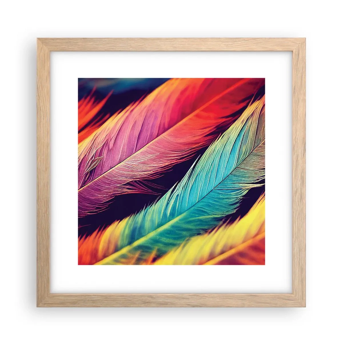 Affiche dans un chêne clair - Poster - Arc-en-ciel de plumes - 30x30 cm