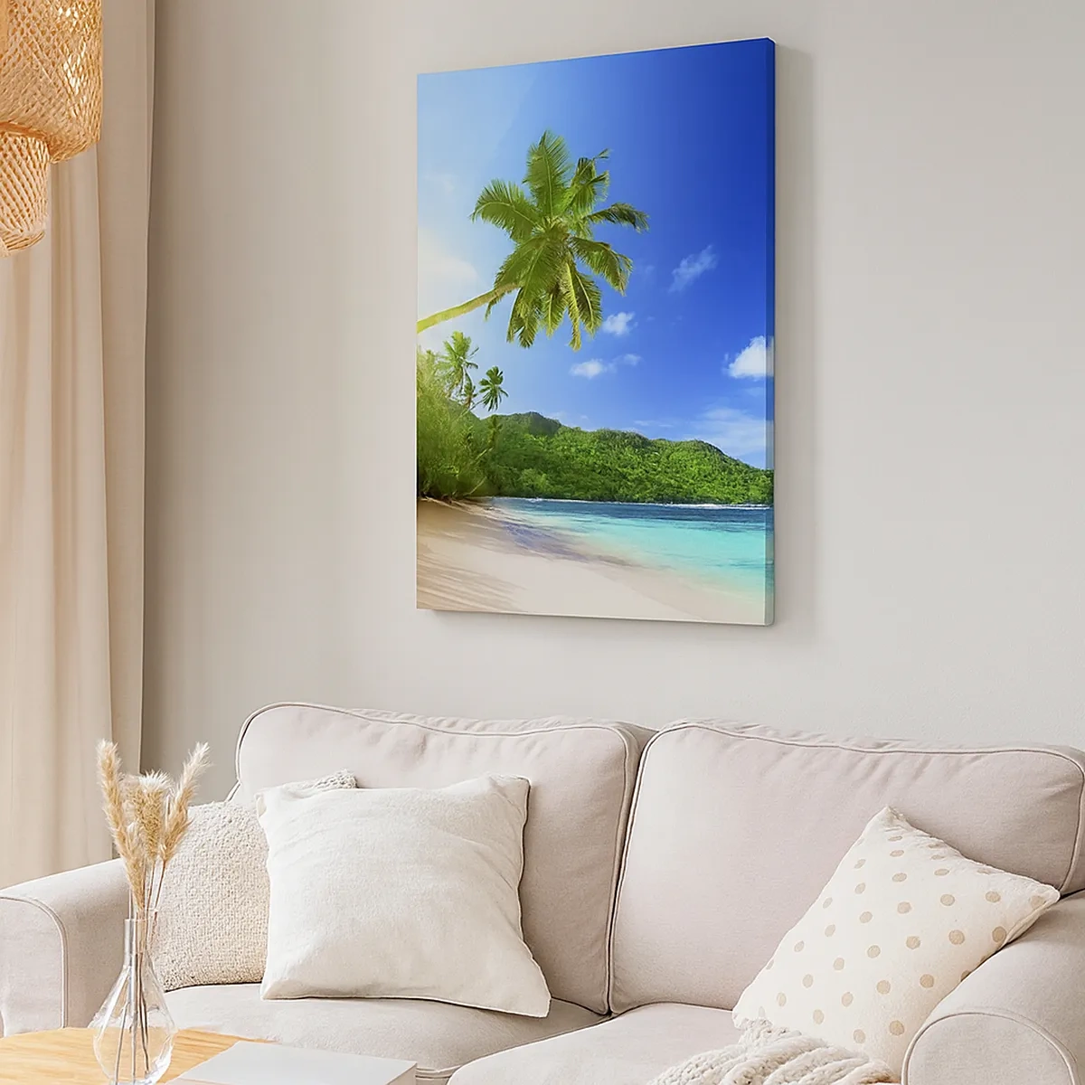 Impression sur toile - Image sur toile - Plage tropicale avec palmiers et mer turquoise - 50x70cm - La douceur des tropiques - Décoration murale moderne pour le salon et la chambre ARTTOR