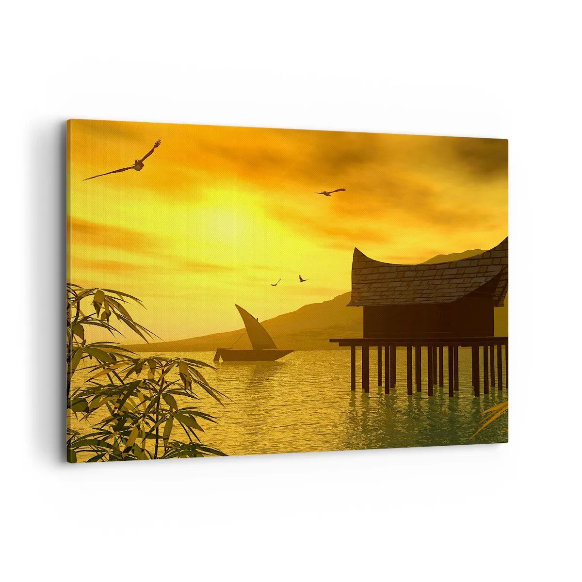 Impression sur toile - Image sur toile - Coucher de soleil tropical sur l'eau avec une maison en bois sur pilotis. - 100x70cm - La paix tant désirée - Décoration murale moderne pour le salon et la chambre ARTTOR