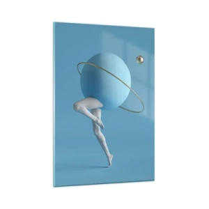 Impression sur verre - Image sur verre - Une sphère bleue avec une orbite et des jambes humaines contre le ciel - 80x120cm - Et les planètes deviennent folles - Décoration murale moderne pour le salon et la chambre ARTTOR