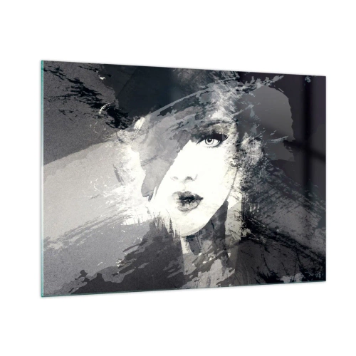 Impression sur verre - Image sur verre - Le visage d'une femme est partiellement recouvert de taches grises abstraites. - 100x70cm - Derrière un voile gris - Décoration murale moderne pour le salon et la chambre ARTTOR