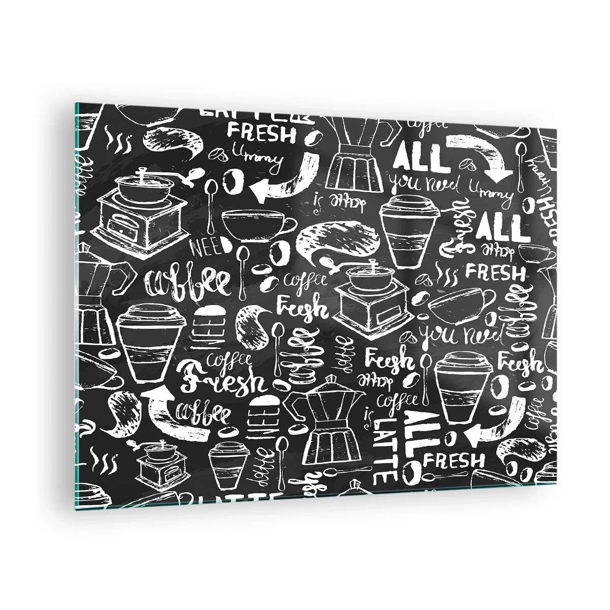 Impression sur verre - Image sur verre - Graphiques et lettrages de café sur fond noir dans un style rétro - 70x50cm - Tout ce dont tu as besoin c'est… - Décoration murale moderne pour le salon et la chambre ARTTOR