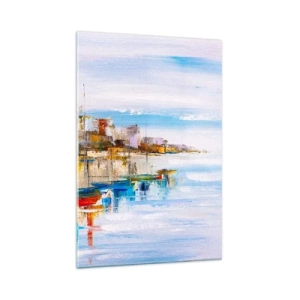 Impression sur verre - Image sur verre - Bateaux colorés sur le rivage surplombant les toits de la ville - 70x100cm - Un havre urbain multicolore - Décoration murale moderne pour le salon et la chambre ARTTOR