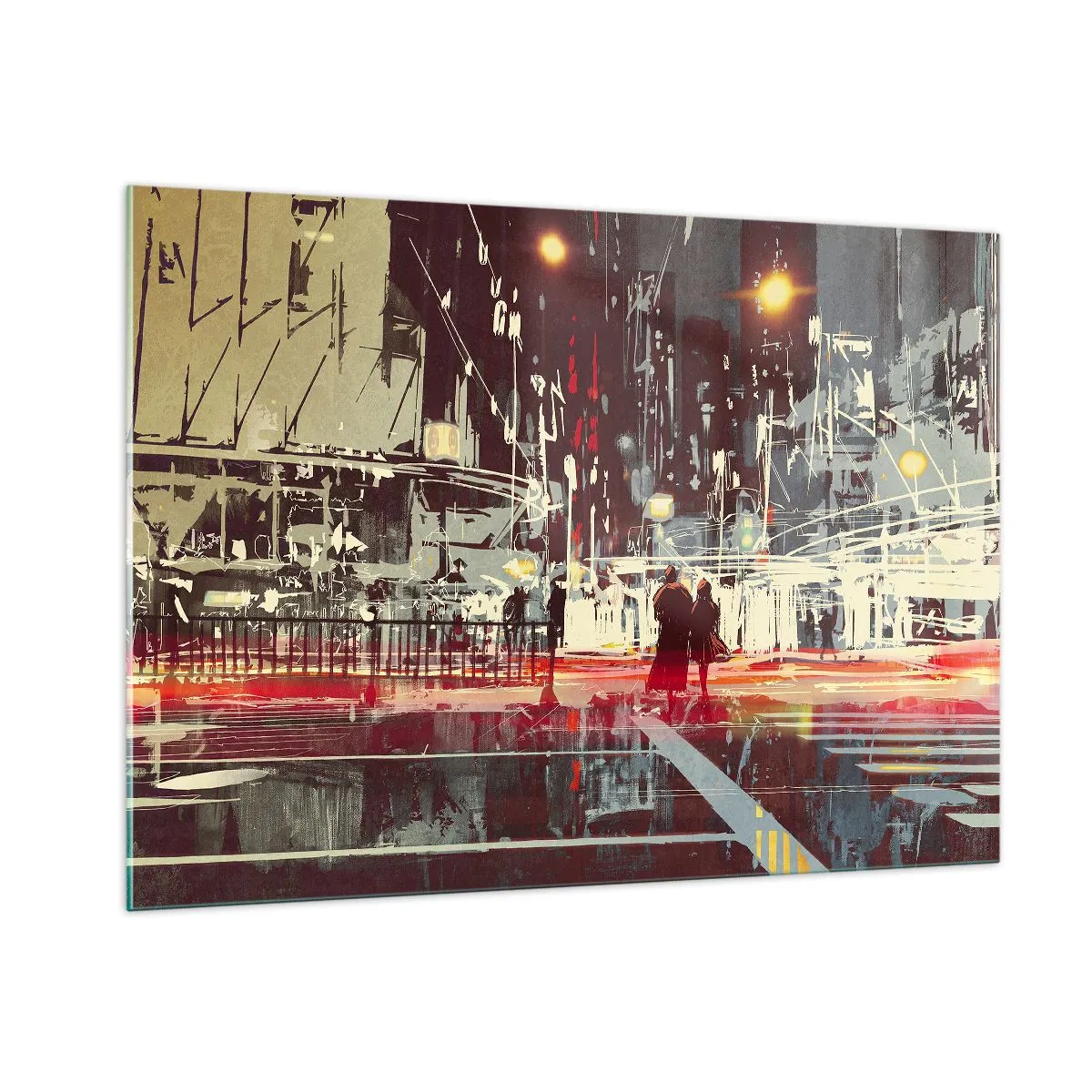 Impression sur verre - Image sur verre - Paysage urbain nocturne avec néons et silhouettes de passants - 100x70cm - Une grande traversée de ville - Décoration murale moderne pour le salon et la chambre ARTTOR