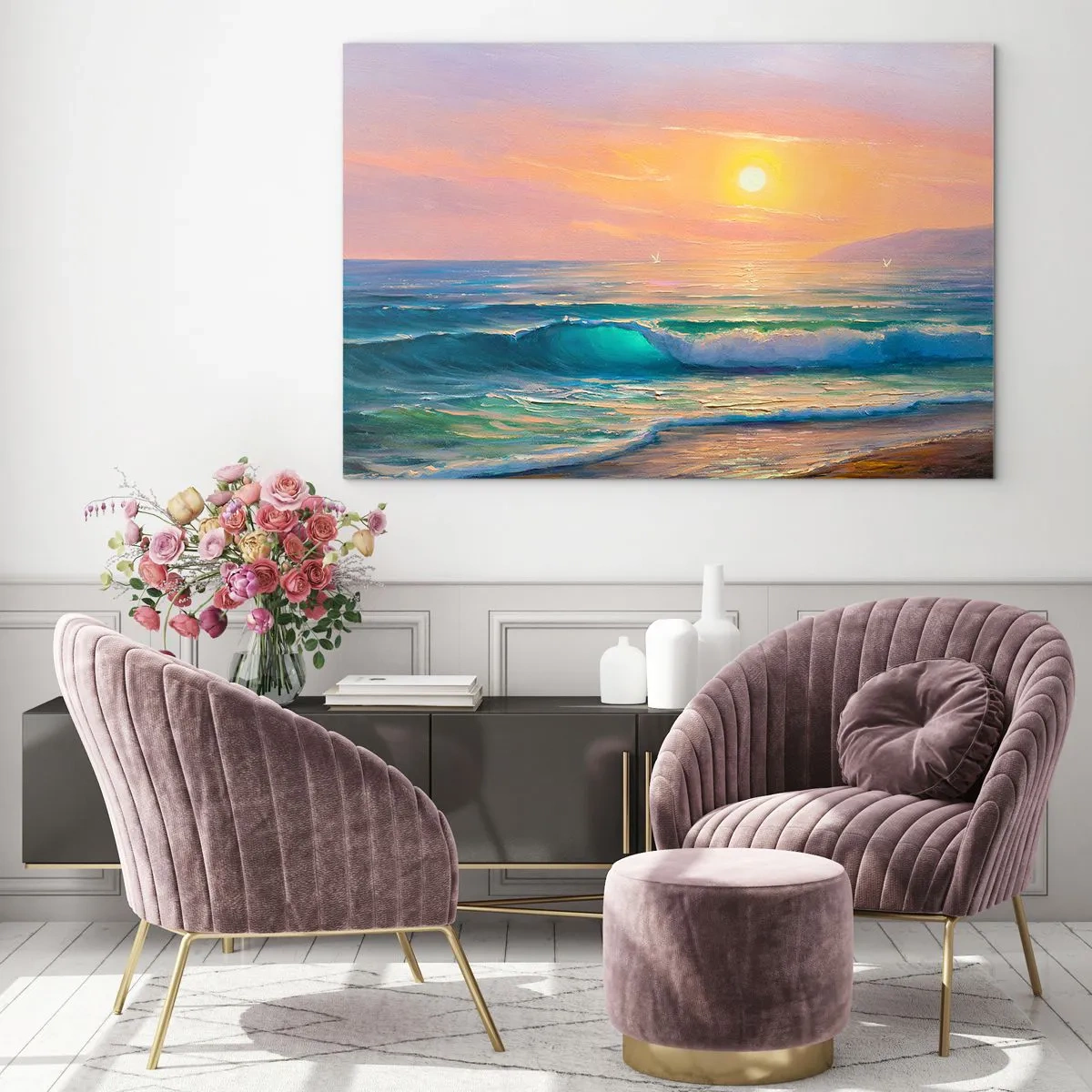 Impression sur verre - Image sur verre - Paysage marin avec des vagues et un coucher de soleil dans des tons turquoise - 70x50cm - Le chant turquoise des vagues - Décoration murale moderne pour le salon et la chambre ARTTOR