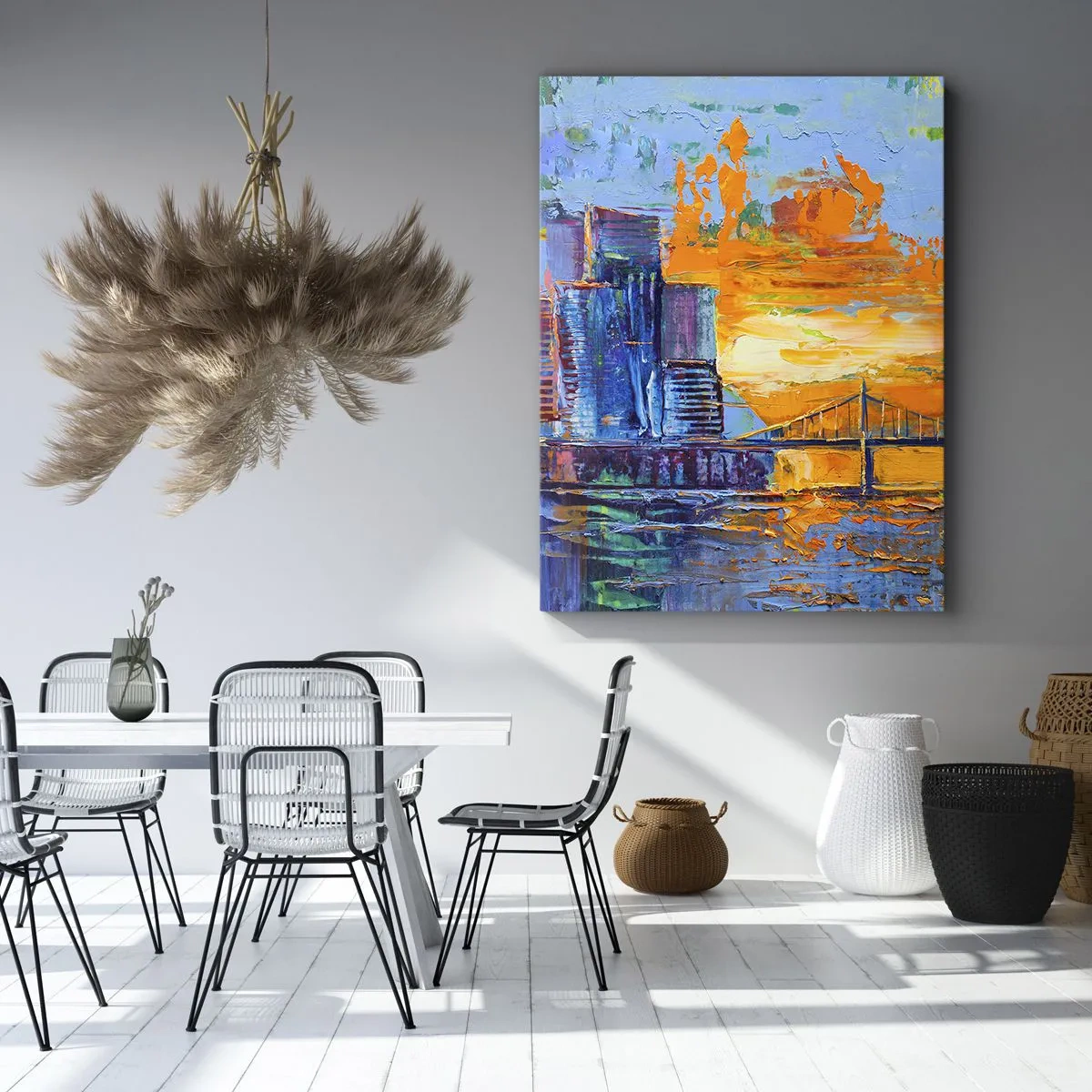 Impression sur toile - Image sur toile - Une ville colorée avec un pont au soleil couchant - 70x100cm - Culture et nature - Décoration murale moderne pour le salon et la chambre ARTTOR