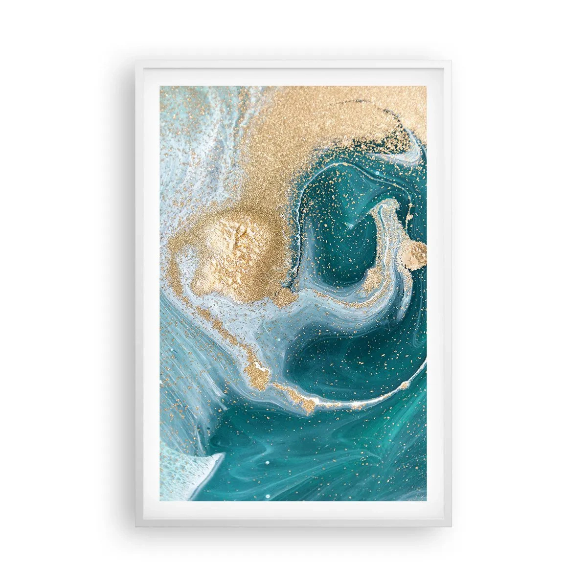 Affiche dans un cadre blanc - Poster - Tourbillon d'or et de turquoise - 61x91 cm
