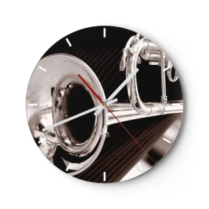 Horloge murale - Pendule murale - Gros plan noir et blanc d'une trompette dans une prise de vue artistique - 30x30cm - Voyage musical vers les années 30 - Décoration murale moderne pour le salon, la cuisine et la chambre ARTTOR