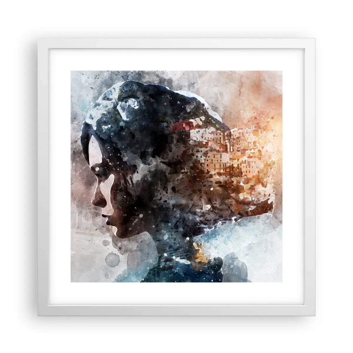 Affiche dans un cadre blanc - Poster - L'histoire d'une fille avec une ville en arrière-plan - 40x40 cm