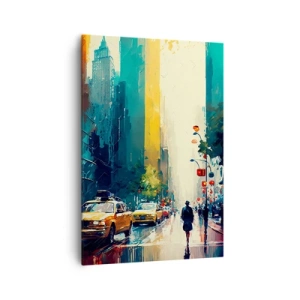 Impression sur toile - Image sur toile - Une ville animée avec des taxis et des passants - 70x100cm - New York – ici même la pluie est colorée - Décoration murale moderne pour le salon et la chambre ARTTOR