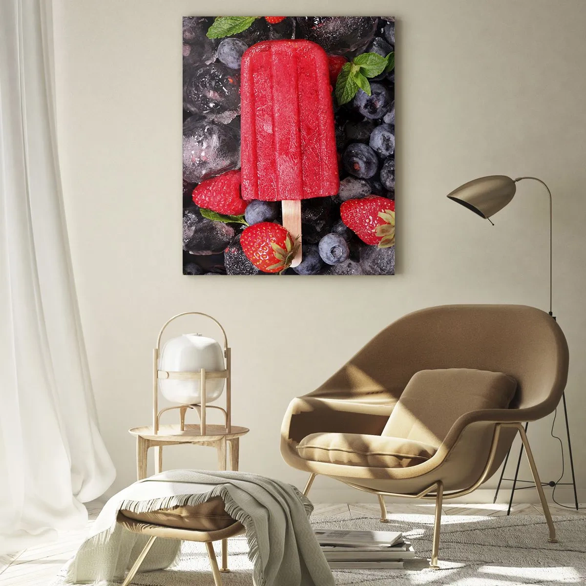 Impression sur verre - Image sur verre - Glace rouge entourée de fruits et de glace - 80x120cm - Le goût d’un été chaud - Décoration murale moderne pour le salon et la chambre ARTTOR