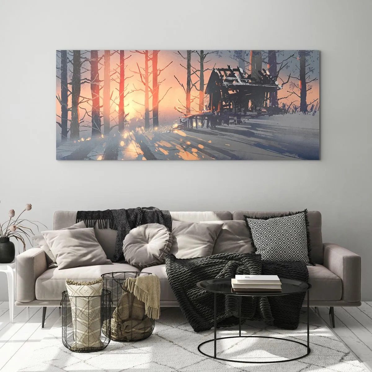 Impression sur verre - Image sur verre - Un chalet forestier dans un paysage hivernal avec les rayons du soleil couchant - 120x50cm - Seul le soleil regarde ici - Décoration murale moderne pour le salon et la chambre ARTTOR
