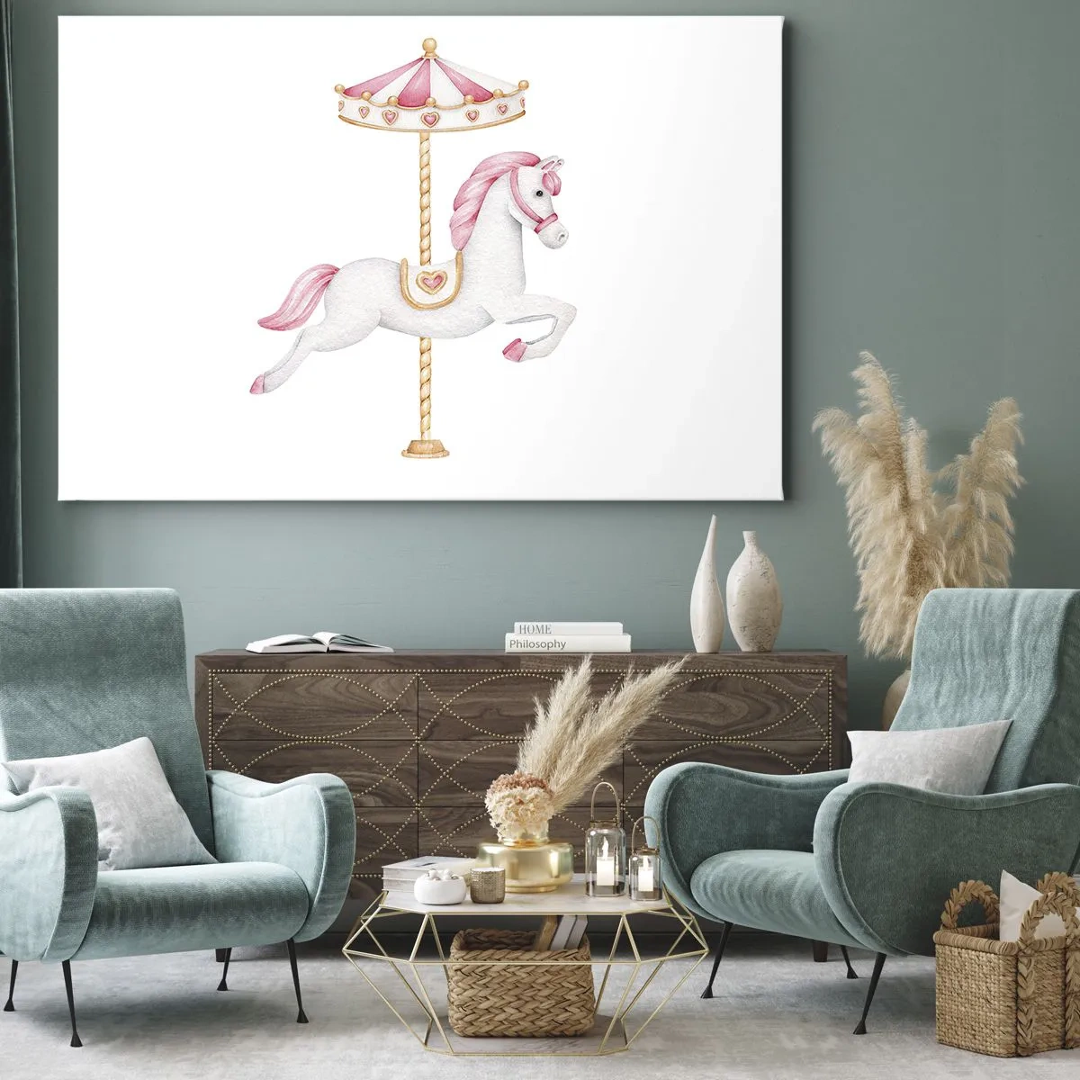 Impression sur toile - Image sur toile - Un cheval de carrousel aux tons pastel de rose - 100x70cm - Les sabots en avant - Décoration murale moderne pour le salon et la chambre ARTTOR