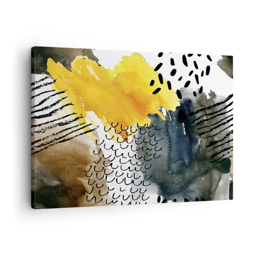 Impression sur toile - Image sur toile - Une composition abstraite avec des accents jaunes et des motifs graphiques. - 70x50cm - Rencontre des éléments - Décoration murale moderne pour le salon et la chambre ARTTOR
