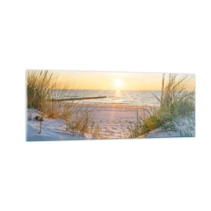 Impression sur verre - Image sur verre - Une plage de sable avec vue sur le coucher de soleil sur la mer - 140x50cm - Le bruit de la mer, le chant des oiseaux, une plage sauvage parmi les herbes… - Décoration murale moderne pour le salon et la chambre ART