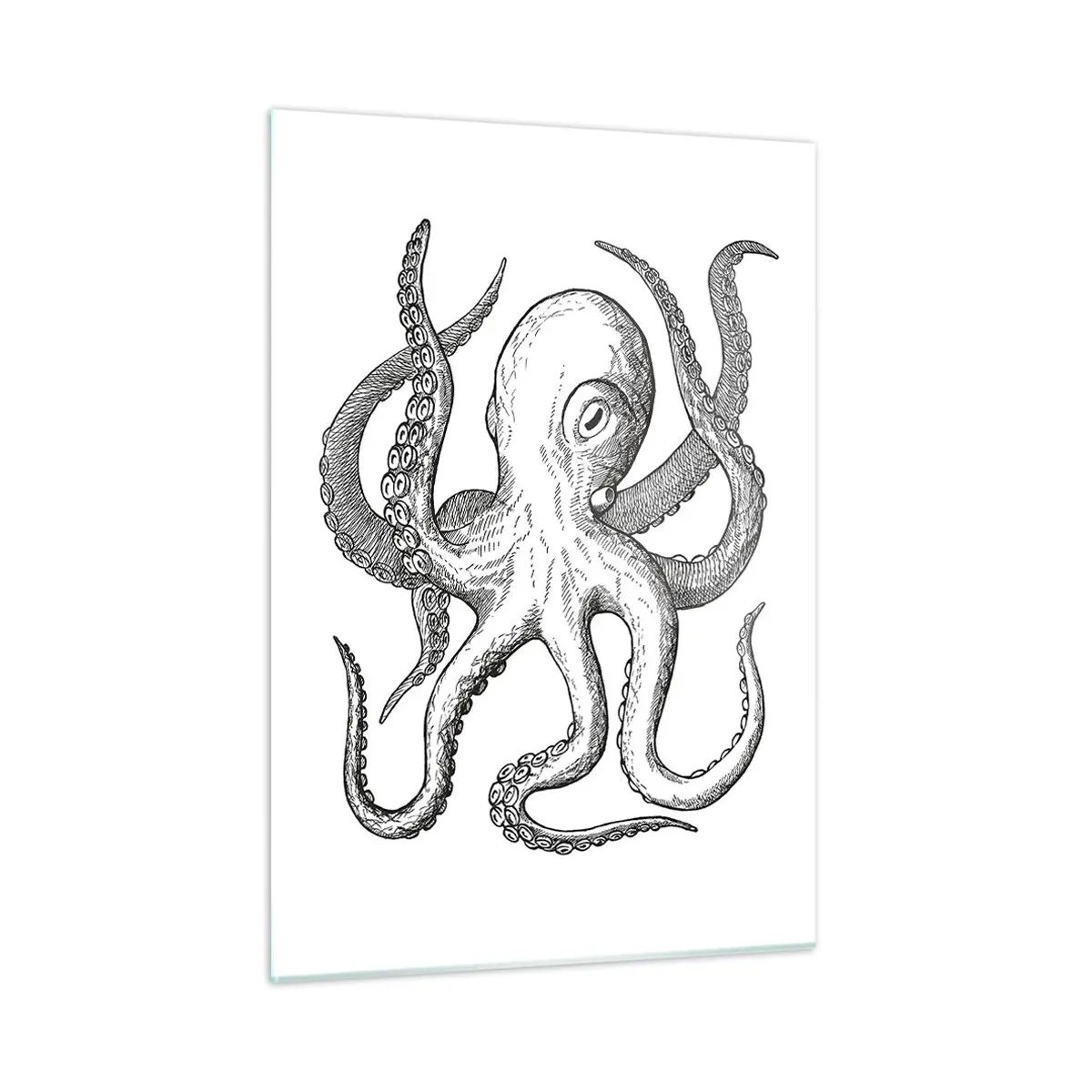 Impression sur verre - Image sur verre - Dessin noir et blanc d'une pieuvre sur fond blanc - 50x70cm - Dansant avec les vagues - Décoration murale moderne pour le salon et la chambre ARTTOR