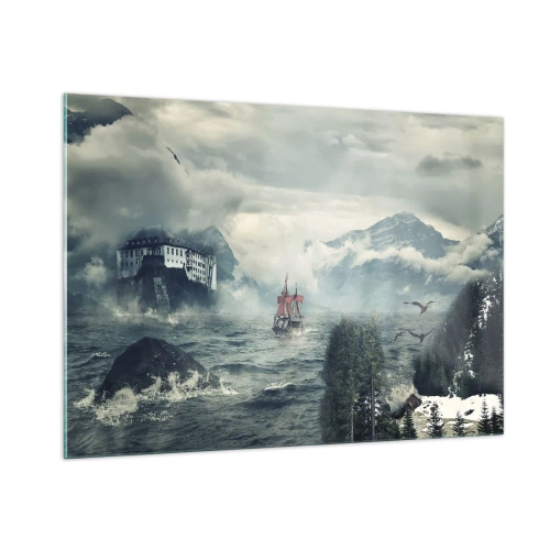 Impression sur verre - Image sur verre - Un navire sur une mer agitée avec un château en arrière-plan - 100x70cm - Dans l'eau magique - Décoration murale moderne pour le salon et la chambre ARTTOR