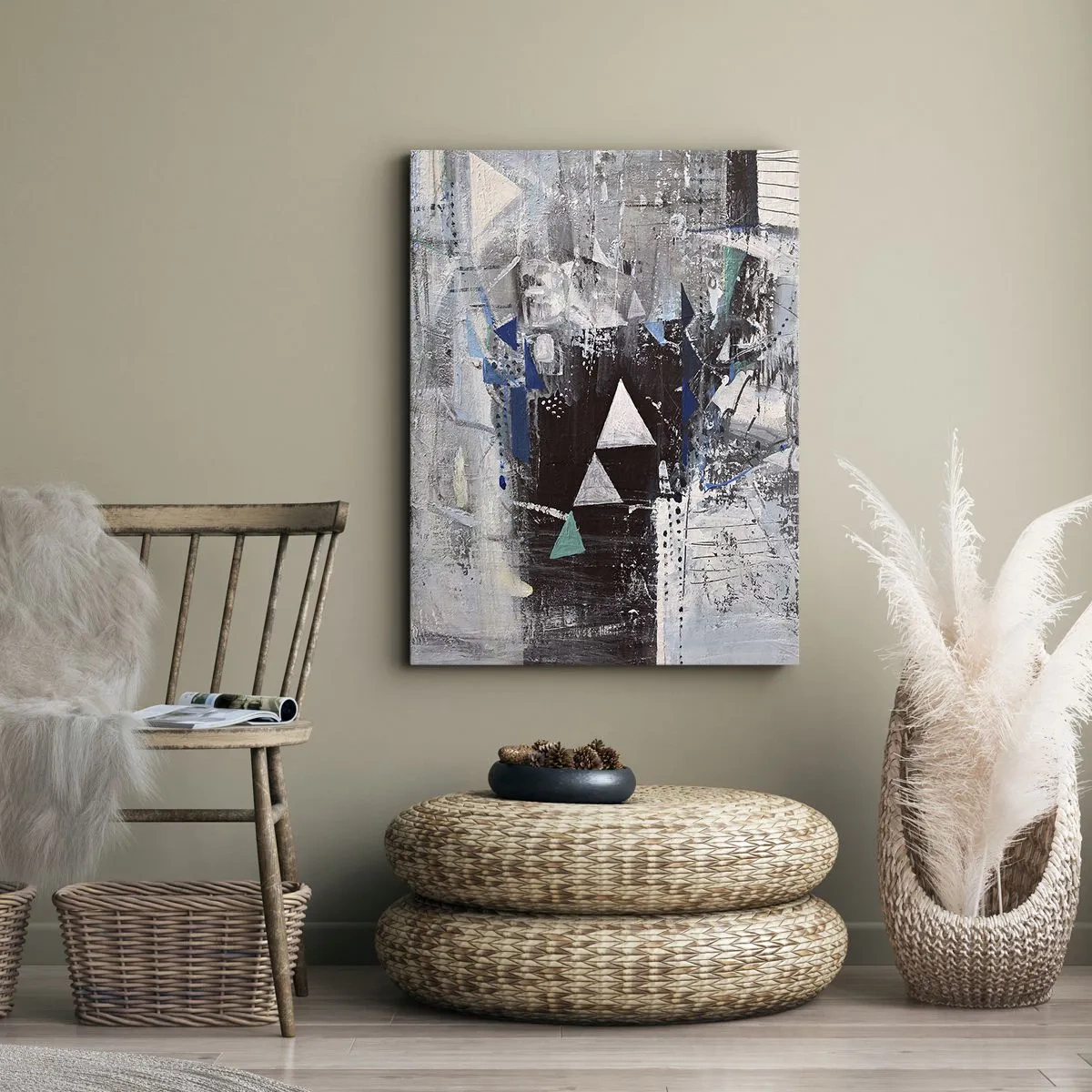 Impression sur toile - Image sur toile - Composition abstraite avec des triangles et des motifs géométriques - 50x70cm - Ordre prioritaire des triangles - Décoration murale moderne pour le salon et la chambre ARTTOR