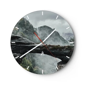 Horloge murale - Pendule murale - Paysage de montagne brumeux avec un pont de roche naturel - 30x30cm - L'aventure est sur le point de commencer - Décoration murale moderne pour le salon, la cuisine et la chambre ARTTOR