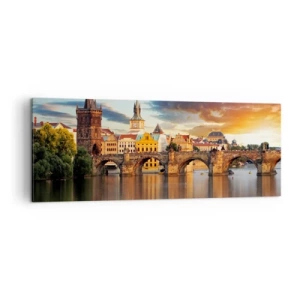 Impression sur toile - Image sur toile - Le pont historique sur la rivière à la lumière du soleil couchant - 140x50cm - Belle depuis des lustres - Décoration murale moderne pour le salon et la chambre ARTTOR