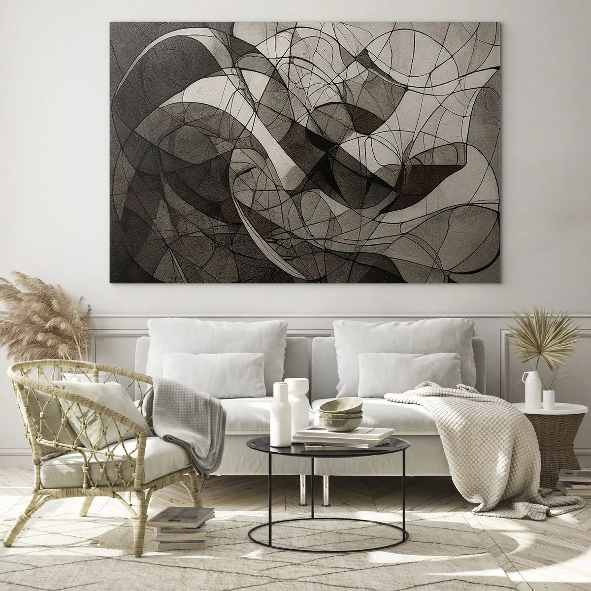 Impression sur verre - Image sur verre - Une composition abstraite de lignes organiques dans des tons terreux. - 70x50cm - Circulation des couleurs de la terre - Décoration murale moderne pour le salon et la chambre ARTTOR