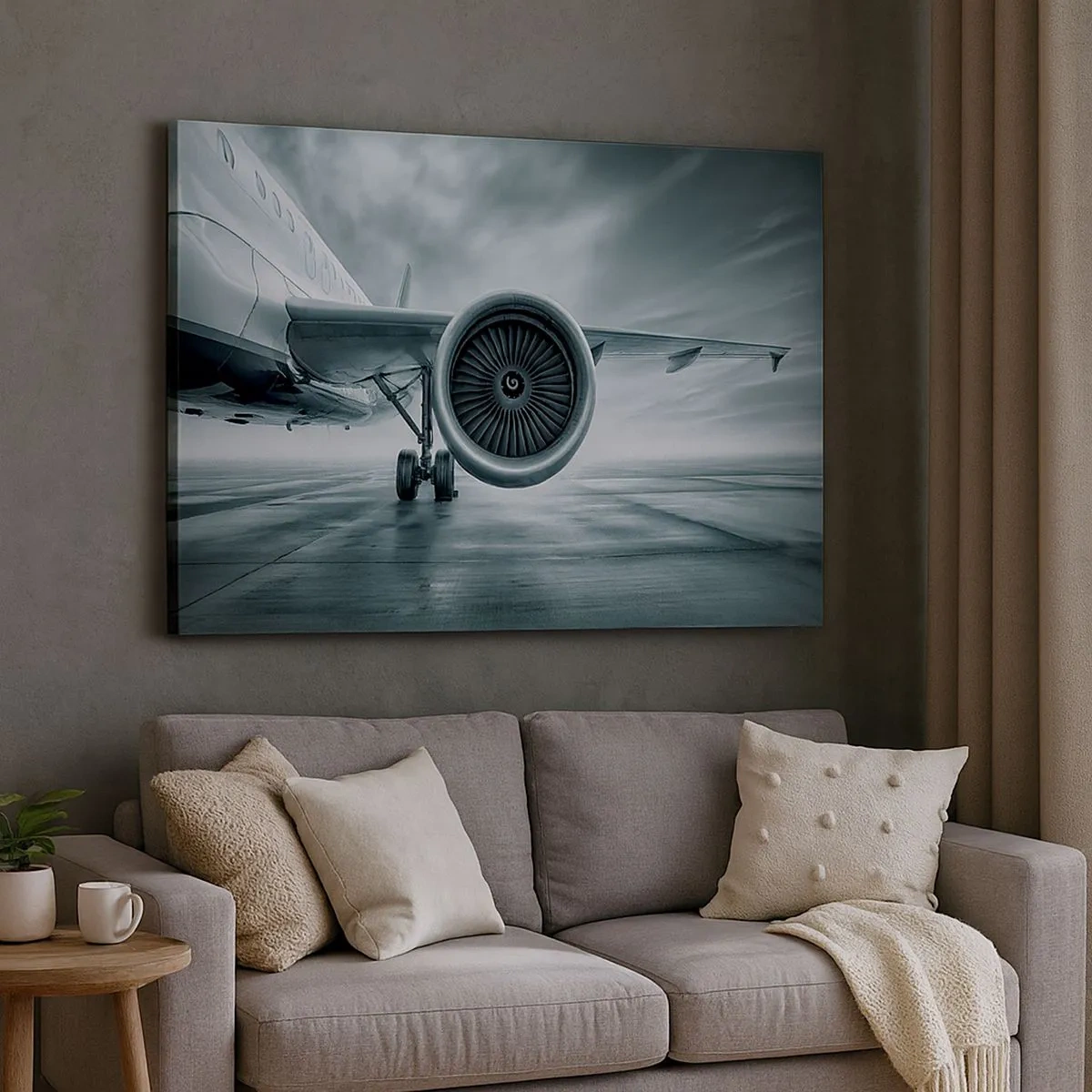 Impression sur toile - Image sur toile - Le réacteur d'un avion sur le tarmac - 70x50cm - Sent la force! - Décoration murale moderne pour le salon et la chambre ARTTOR