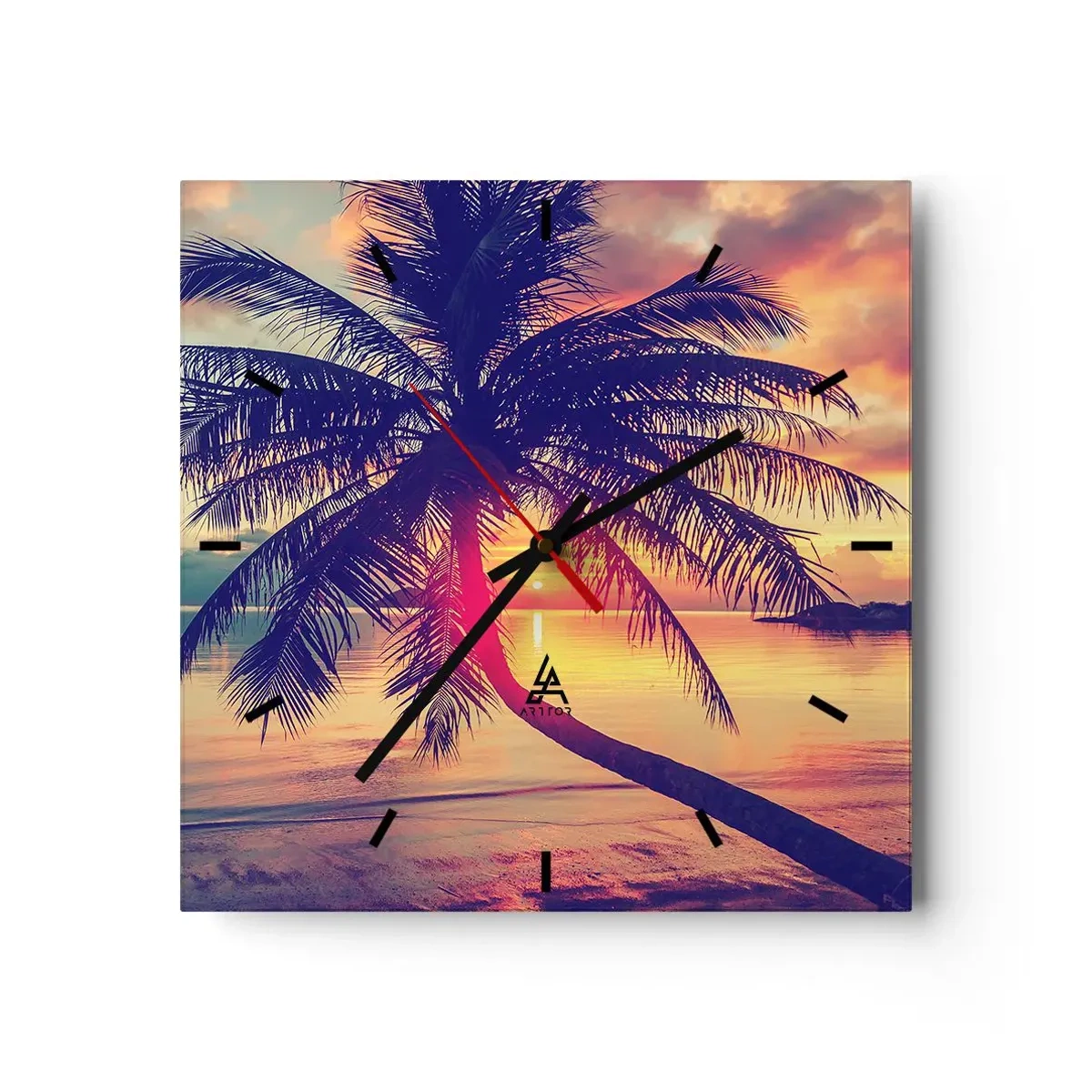 Horloge murale - Pendule murale - Coucher de soleil avec un palmier sur un rivage tranquille - 30x30cm - Soirée sous les palmiers - Décoration murale moderne pour le salon et la chambre ARTTOR