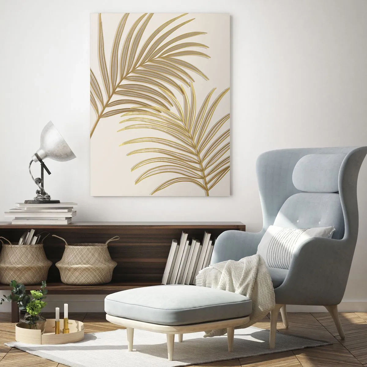Impression sur verre - Image sur verre - Feuilles de palmier dorées sur fond clair dans un style minimaliste - 70x100cm - Palme d'or! - Décoration murale moderne pour le salon et la chambre ARTTOR