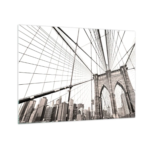 Impression sur verre - Image sur verre - Un pont suspendu avec un panorama de la ville en arrière-plan en sépia - 70x50cm - Cathédrale New Yorkaise - Décoration murale moderne pour le salon et la chambre ARTTOR