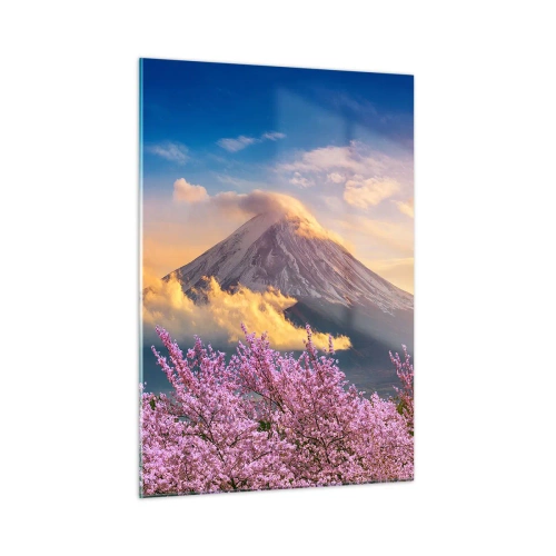 Impression sur verre - Image sur verre - Le mont Fuji en arrière-plan avec des sakura en fleurs au premier plan - 50x70cm - Sainteté japonaise - Décoration murale moderne pour le salon et la chambre ARTTOR