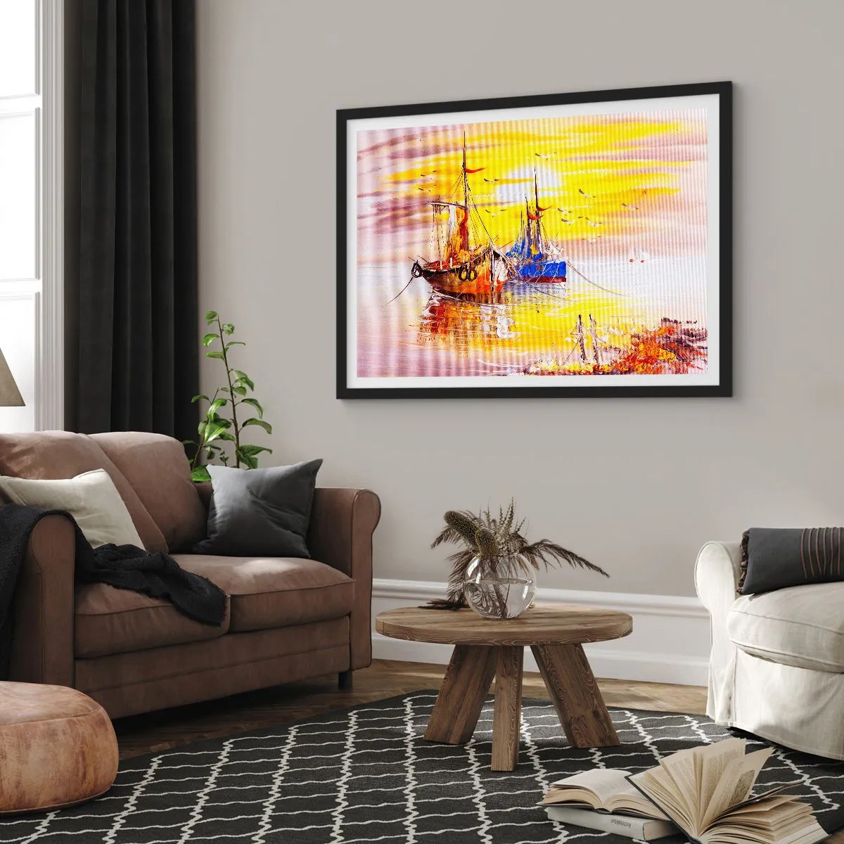 Affiche dans un cadre noir - Poster - Une scène picturale de bateaux sur une mer calme - 70x50cm - Un repos bien mérité au port - Décoration murale moderne pour le salon et la chambre ARTTOR