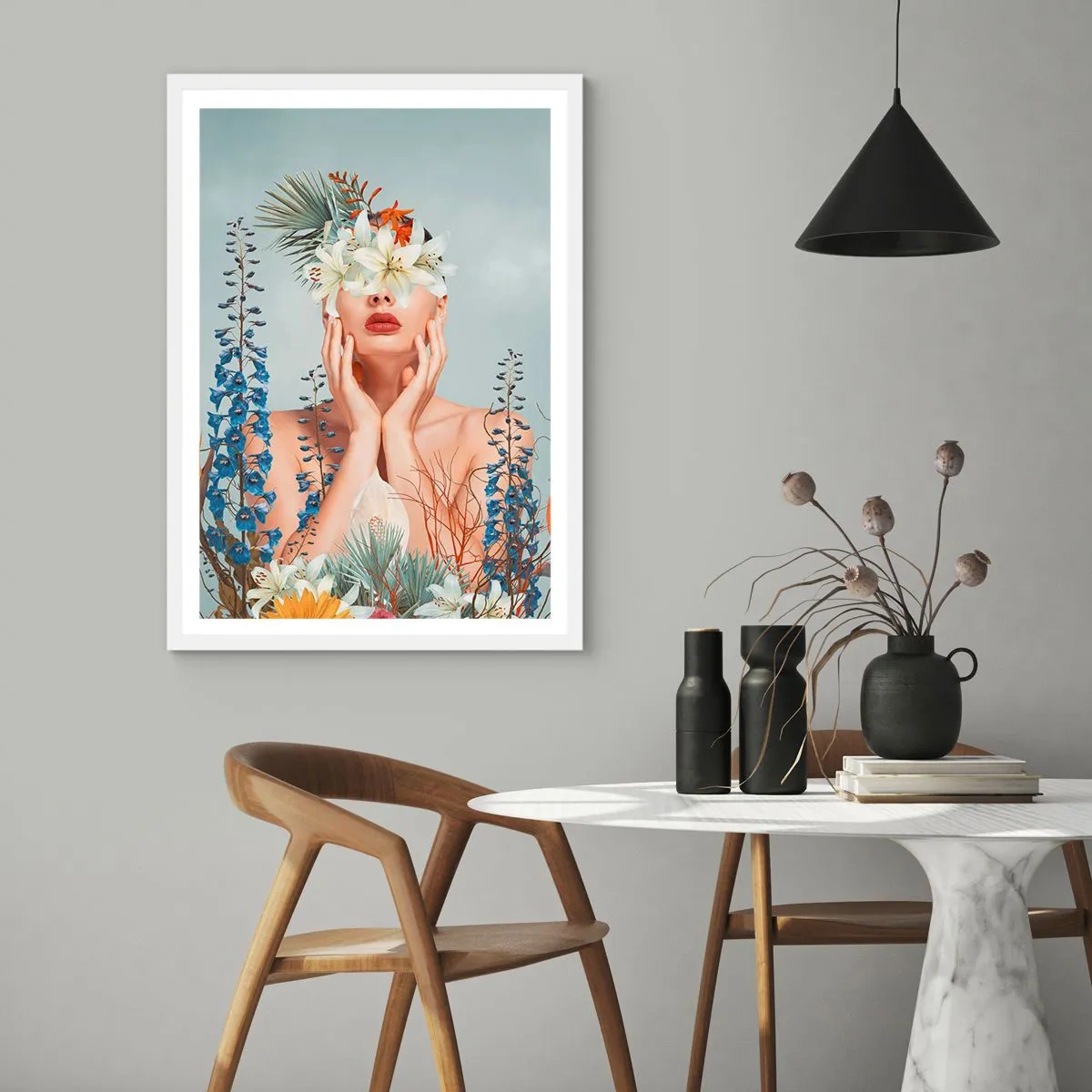 Affiche dans un cadre blanc - Poster - Femme - fleur - 70x100 cm