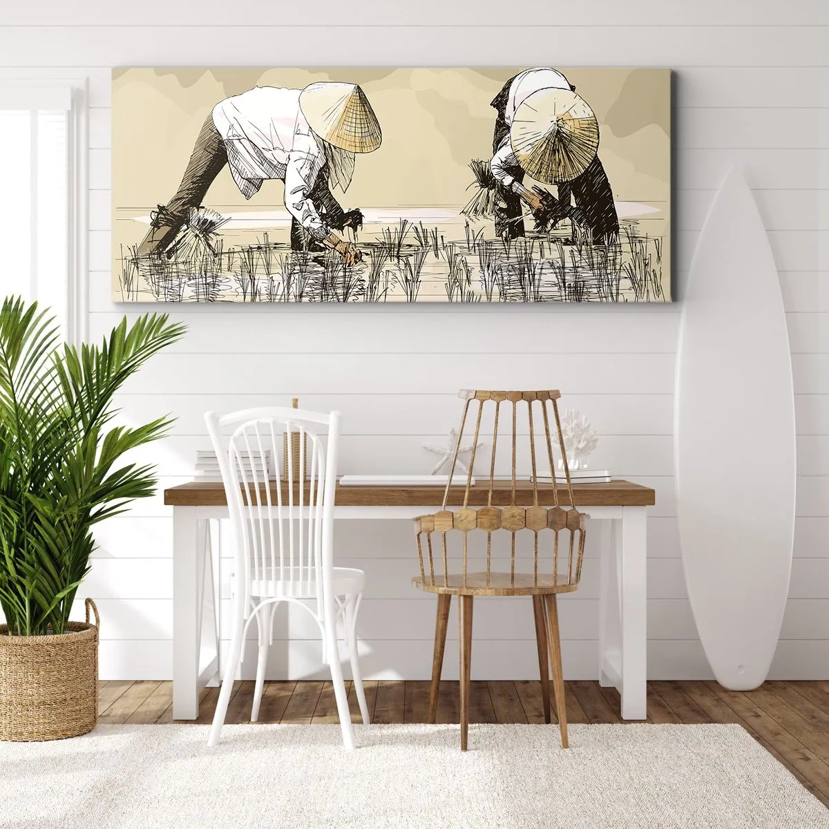 Impression sur toile - Image sur toile - Des agriculteurs travaillant dans une rizière portant des coiffures traditionnelles - 120x50cm - Récolte réussie - Décoration murale moderne pour le salon et la chambre ARTTOR