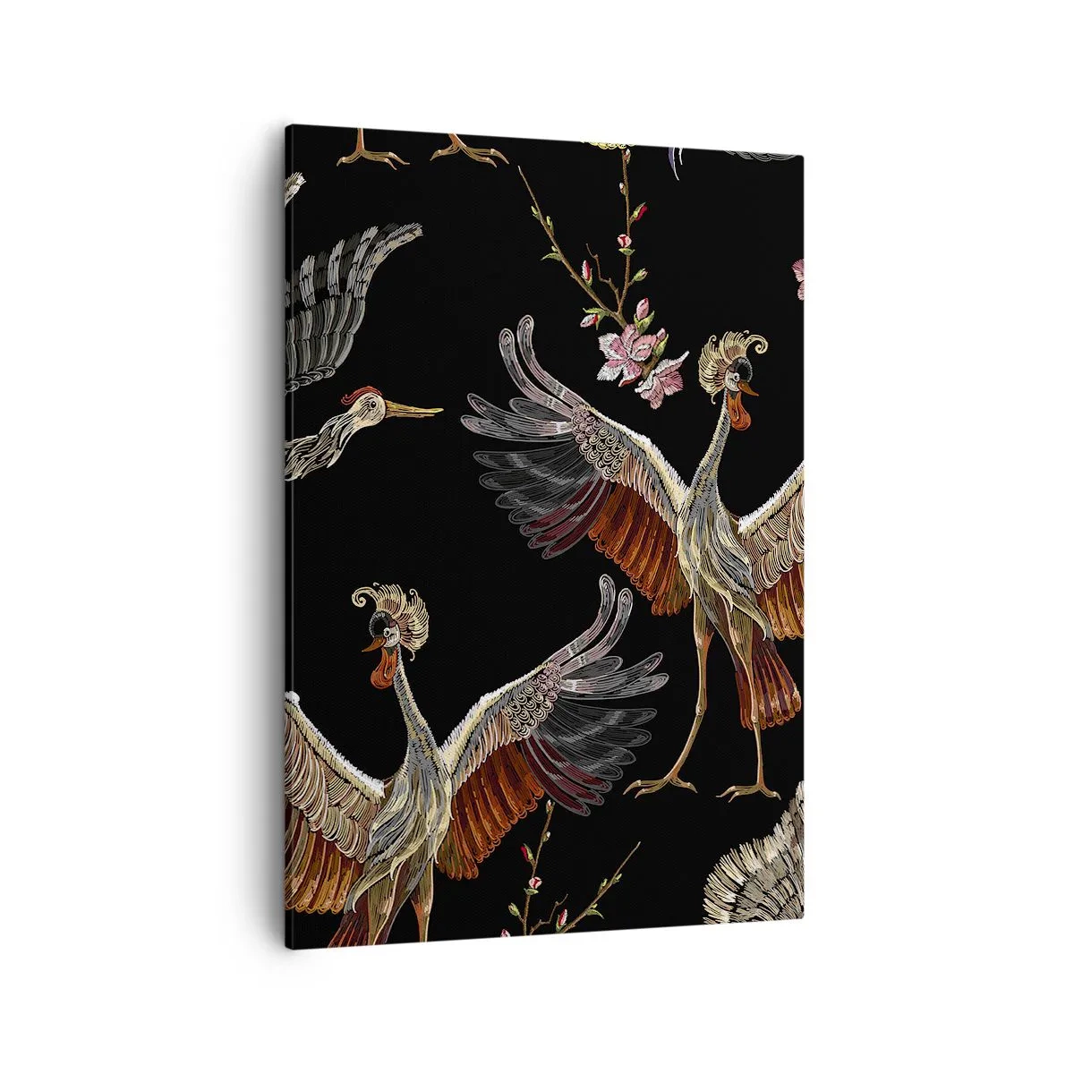 Impression sur toile - Image sur toile - Grues et fleurs élégantes sur fond noir - 50x70cm - Un oiseau de conte de fées - Décoration murale moderne pour le salon et la chambre ARTTOR
