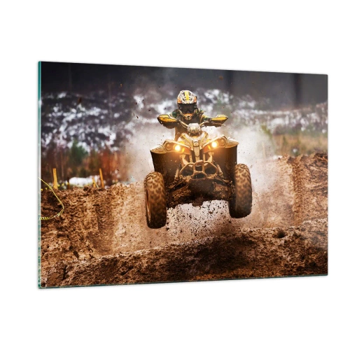 Impression sur verre - Image sur verre - Quad en action sur terrain boueux dans un environnement dynamique - 120x80cm - No risk no fun - Décoration murale moderne pour le salon et la chambre ARTTOR