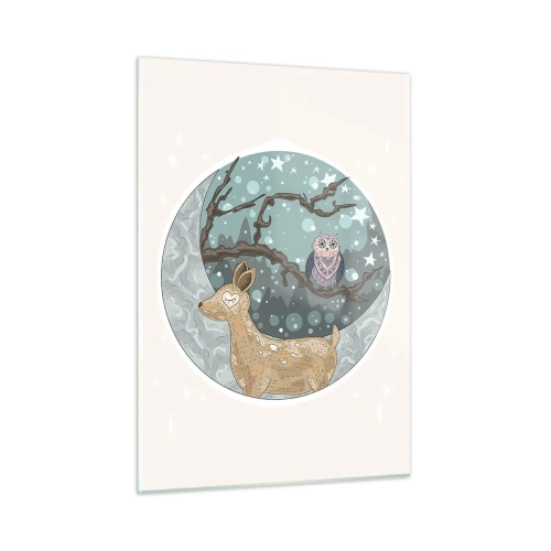 Impression sur verre - Image sur verre - Illustration d'un cerf et d'un hibou dans un décor magique - 50x70cm - Une nuit de conte de fées en forêt - Décoration murale moderne pour le salon et la chambre ARTTOR